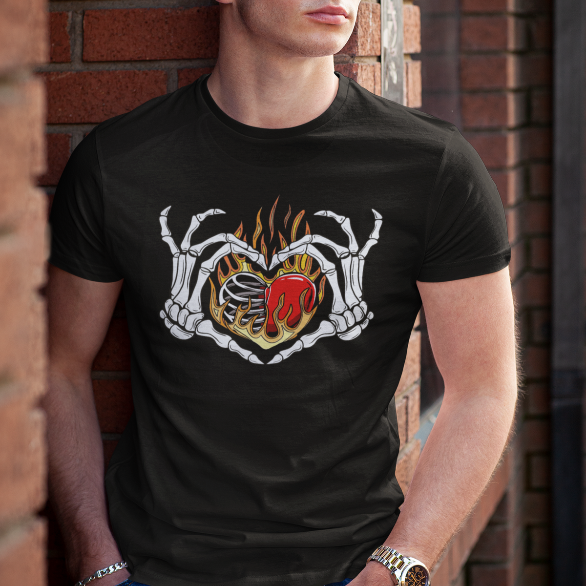 Valentine's Day T Shirt Skeleton Hand Love Sign Holding Fire Red Heart - Wonder Print Shop