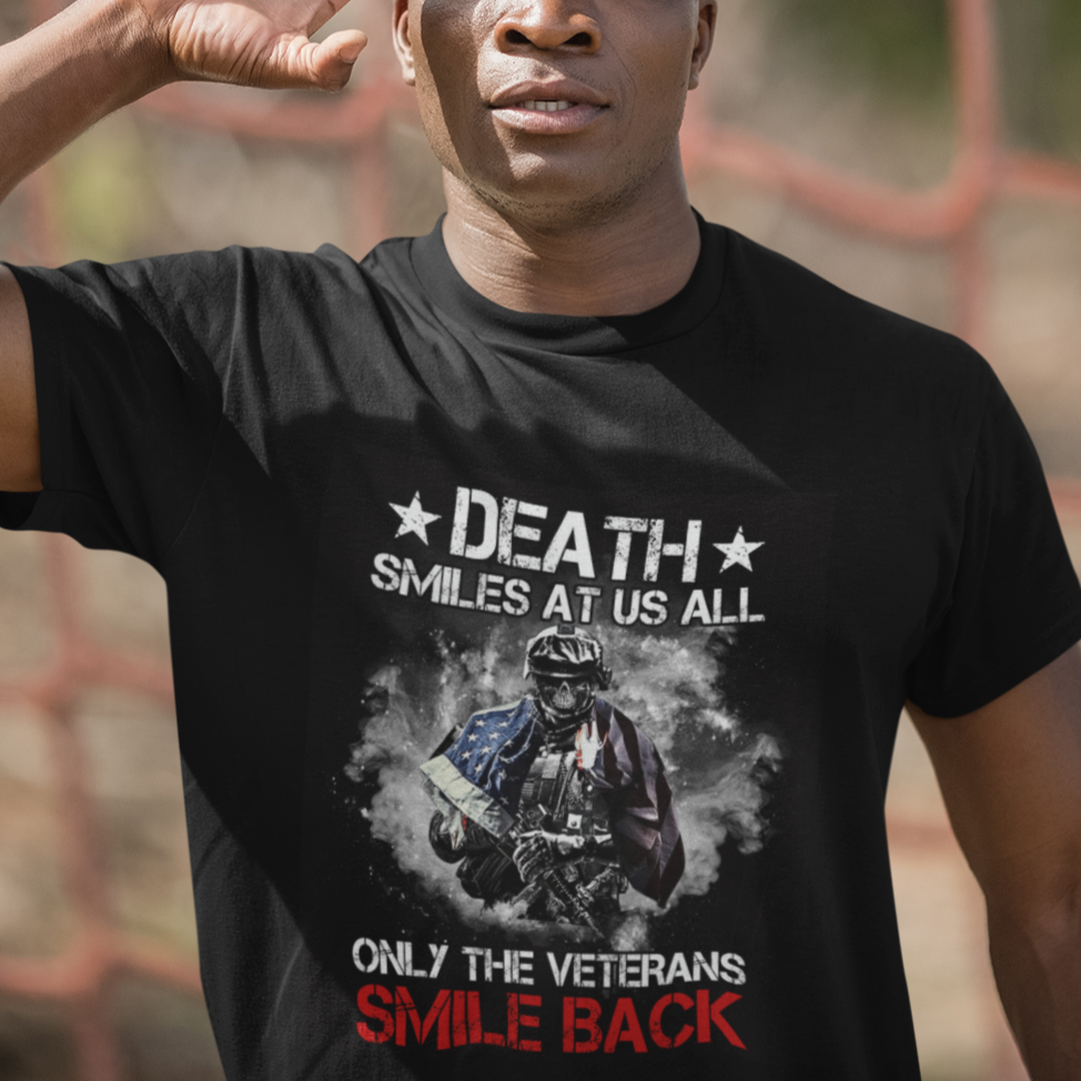 Veteran T Shirt Death Smiles At Us All Only The Veterans Smile Back American Flag Cover Skeleton - Wonder Print Shop