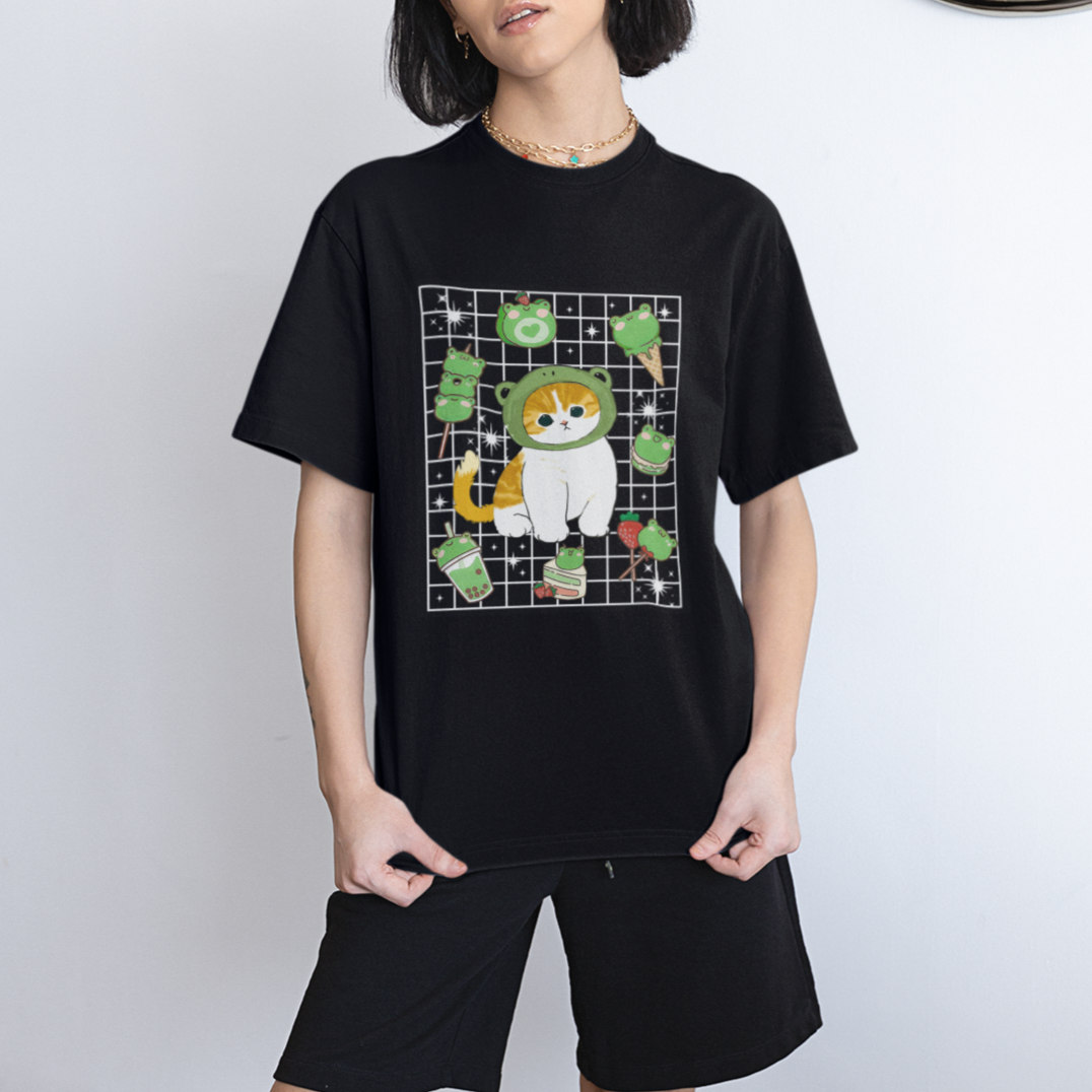 Kawaii Frog Cat in Frog Hat Retro 90s Cottagecore Aesthetic T Shirt - Wonder Print Shop