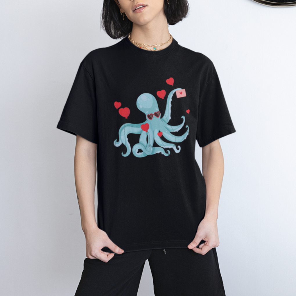 Valentine's Day T Shirt Octopus With Heart Balloons Cute Love Letter - Wonder Print Shop