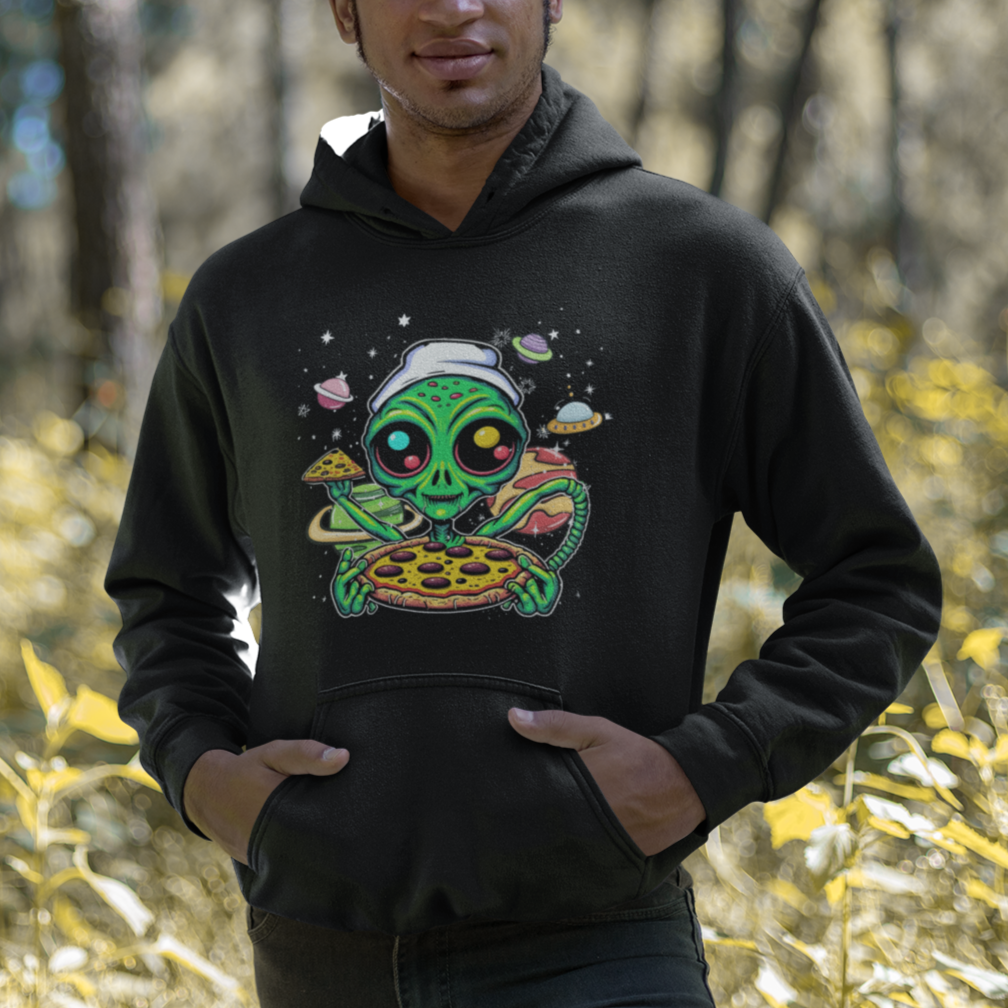 Alien Eating Pizza Outer Space With Planet UFO Hoodie - Wonder Print Shop