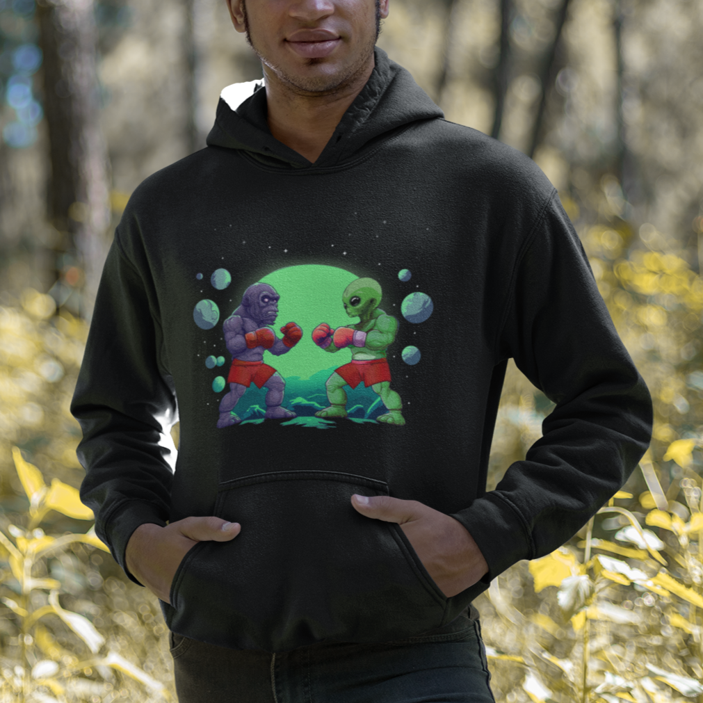 Bigfoot VS Alien Boxing Funny Sasquatch UFO Hoodie - Wonder Print Shop