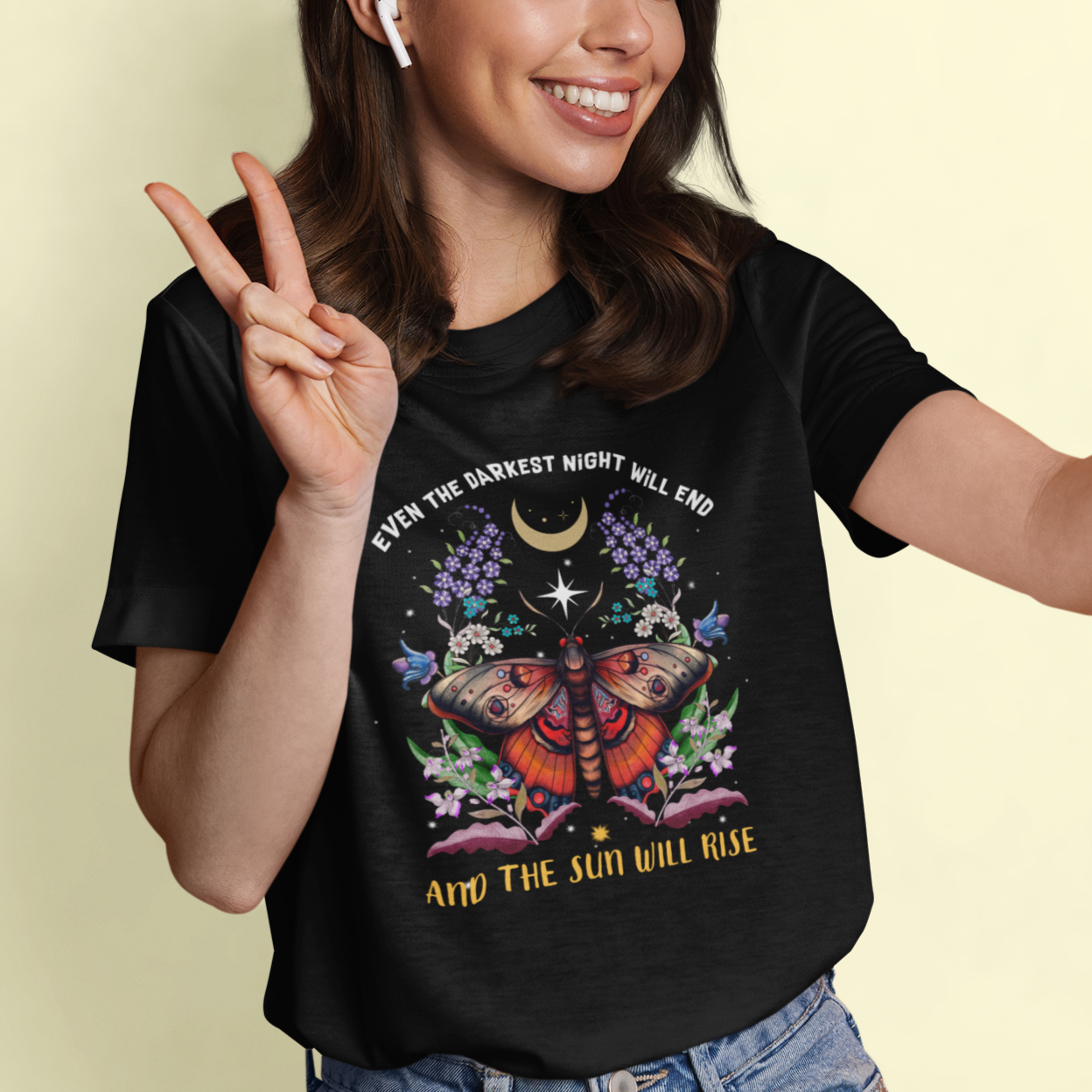Moth T Shirt For Women Celestial Cecropia Moth Even The Darkest Night Will End The Sun Will Rise Inspirational Dark Academia Cottagecore Fairy Floral Moth Shirt for Women, Moth T-shirt, Spirituality Shirt - Wonder Print Shop