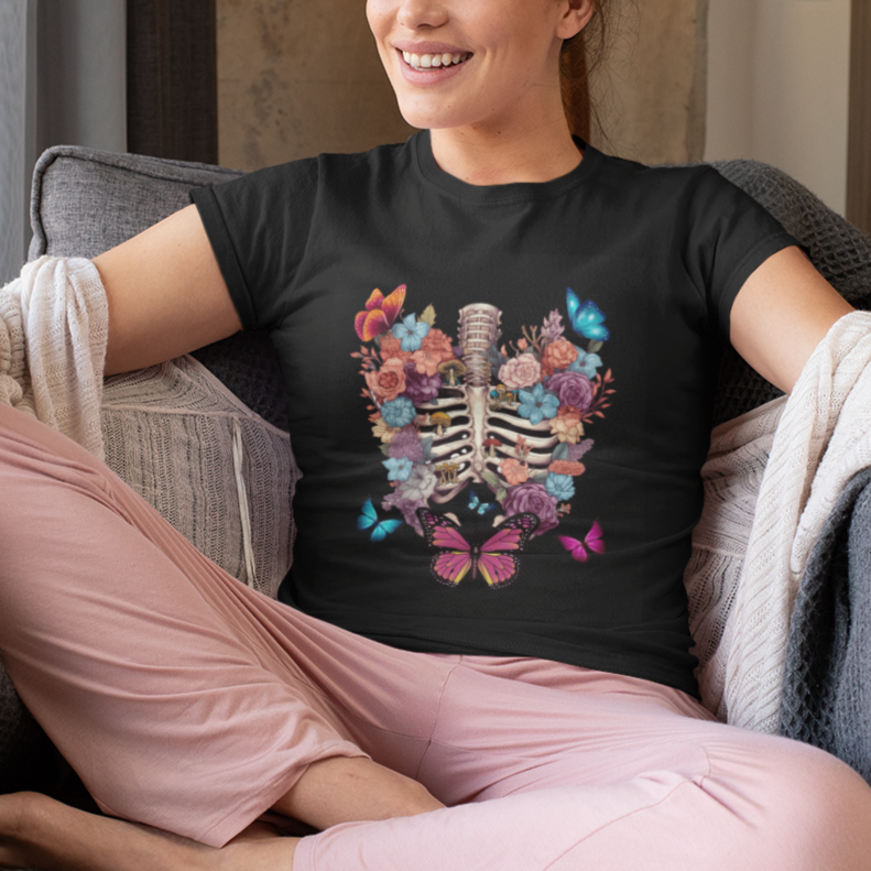 Vintage Goblincore Dark Academia Skeleton with Flowers Cottagecore Style Nature Inspired Botanical T Shirt - Wonder Print Shop