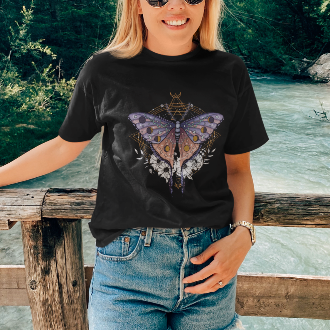 Spiritual Mystical Superimposed Surrealism Art Spiritual Luna Moth Celestial T-Shirt for Women, Spirituality T Shirt For Women - Wonder Print Shop