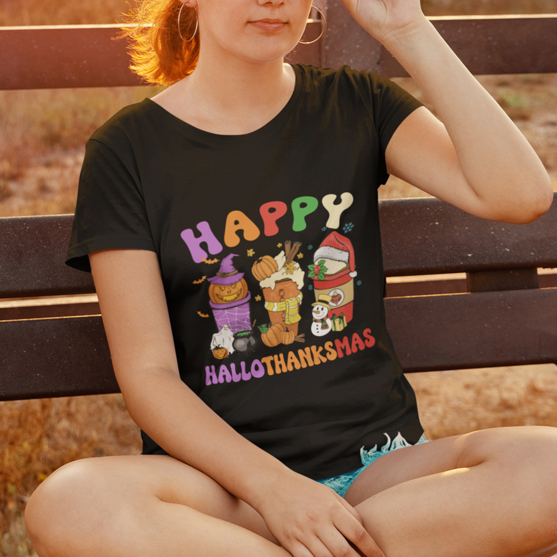 Hallothanksmas T Shirt Halloween Thanksgiving Christmas Happy HalloThanksMas Latte - Wonder Print Shop