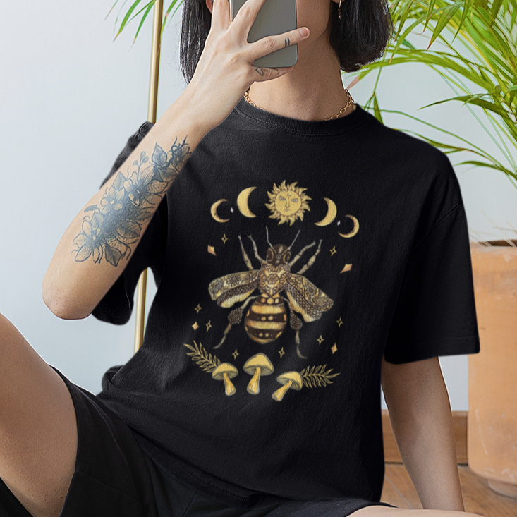 Retro Celestial Mystical Moon Phases Honey Bee Moon Child Cottagecore Bee T-Shirt for Women, Bee Lover Gift, Spiritual Shirt, Insect Lovers T Shirt For Women - Wonder Print Shop