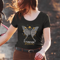 Women’s moth graphic T-shirt, black crewneck with moth “COSMIC Dreamer” front print