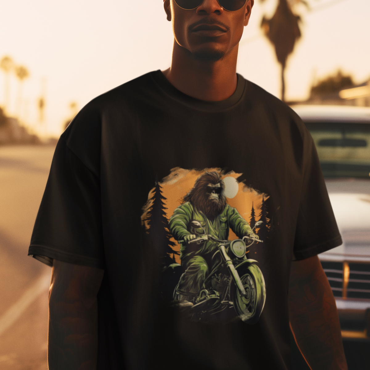 Bigfoot Biker Funny Sasquatch Riding A Motorcycle Vintage T Shirt - Wonder Print Shop