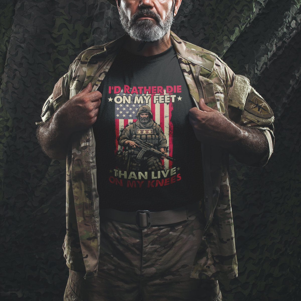 Veteran T Shirt I'd Rather Die On My Feet Than Live On My Knees US Flag Grumpy Old Soldier - Wonder Print Shop