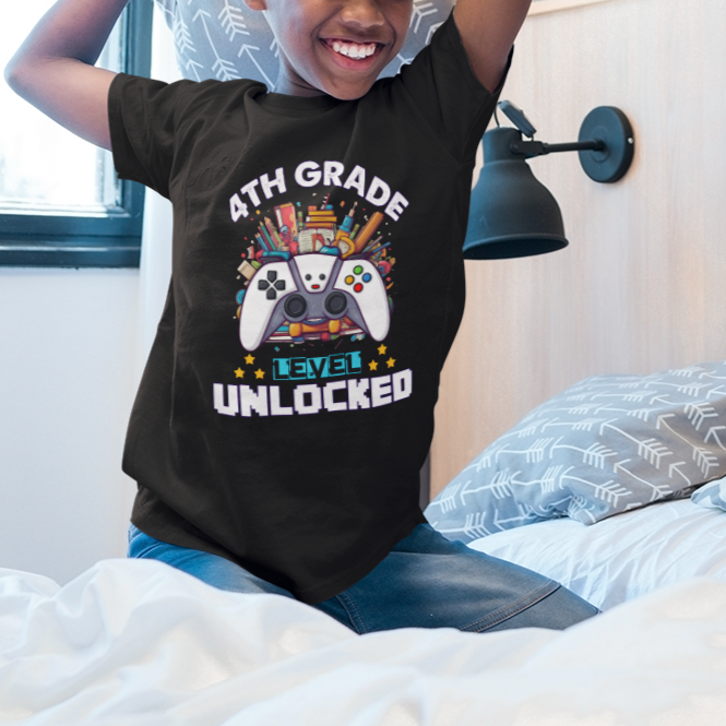 4th Grade T Shirt Fourth Level Unlocked Video Game Level Up Back To School - Wonder Print Shop
