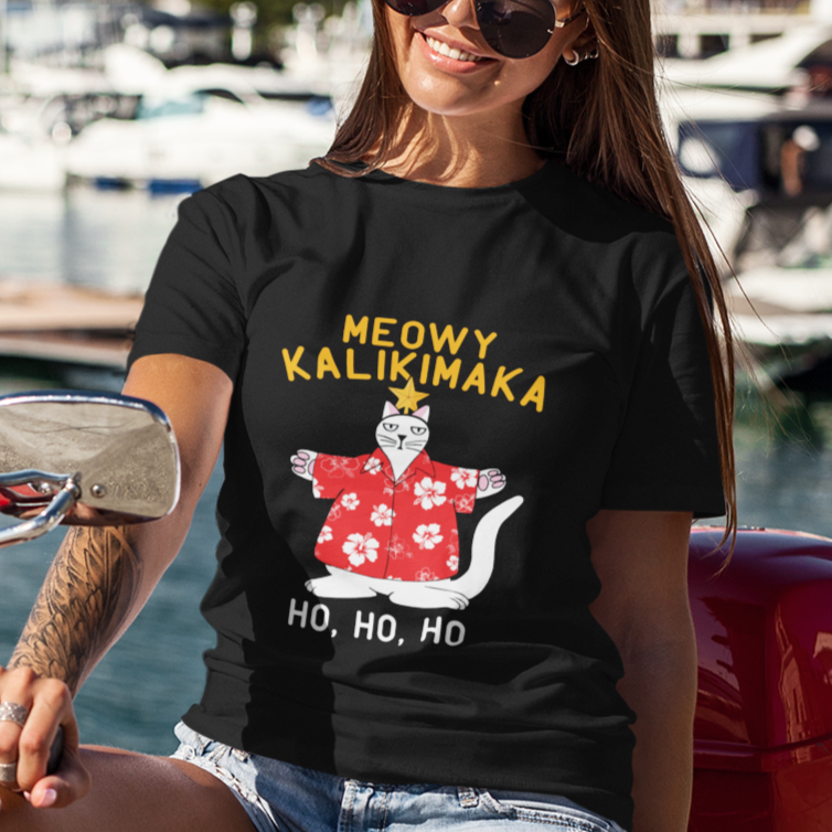 Christmas In Hawaii T Shirt Meowy Kalikimaka Hawaiian Cat Ho Ho Ho Xmas Tree - Wonder Print Shop
