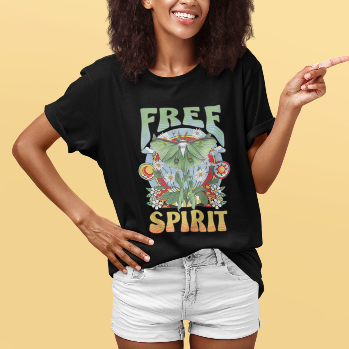 Boho Hippie Luna Moth Free Spirit Celestial Moth Graphic Retro Groovy Fairycore T-Shirt For Women, Spiritual Shirt, Moth Spirituality T Shirt For Women - Wonder Print Shop