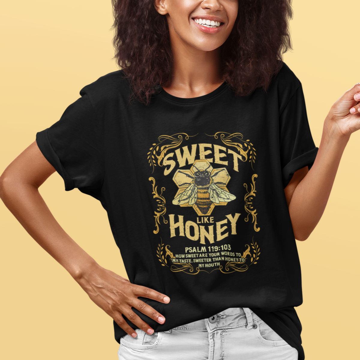 Bible Verse T Shirt Vintage Retro Sweet Like Honey Psalm 119:103 Christian Faith Bible Verse Words of Wisdom Honeycomb Honey Bee Botanical T-Shirt for Women - Wonder Print Shop