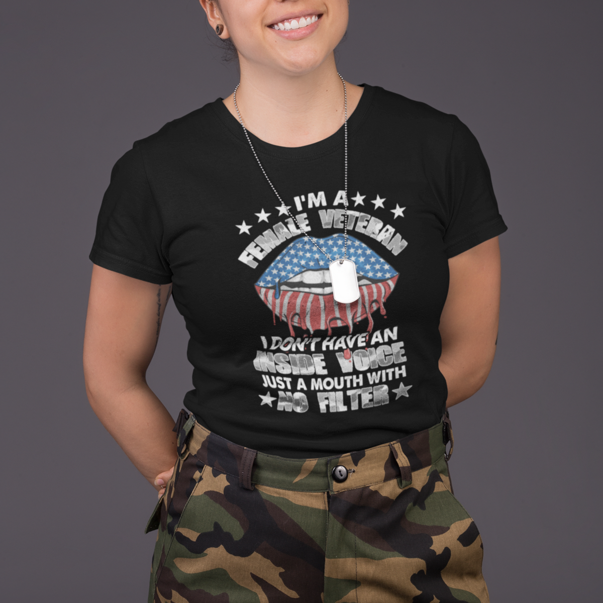 Female Veteran T Shirt I Don't Have An Inside Voice Just A Mouth With No Filter Women Lips - Wonder Print Shop