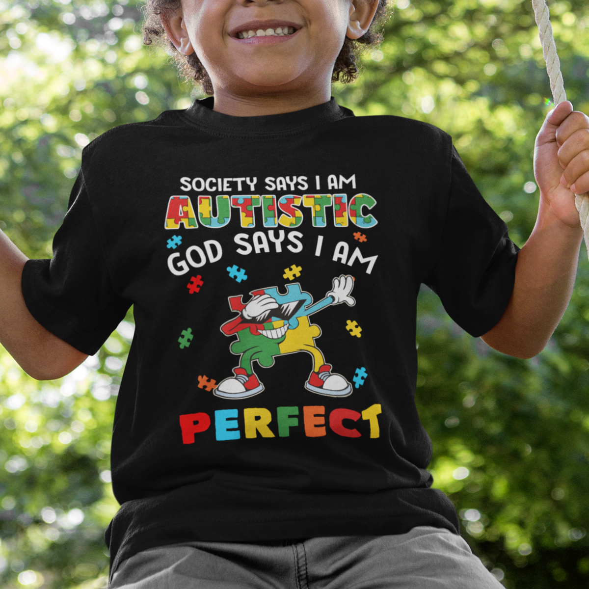 Autism Awareness T Shirt For Kid Society Says I'm Autistic God Says I'm Perfect Puzzle Dabbing - Wonder Print Shop