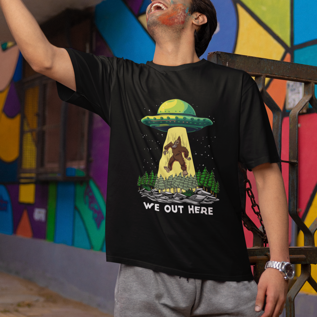 Funny Bigfoot And UFO We Out Here Sasquatch T Shirt - Wonder Print Shop