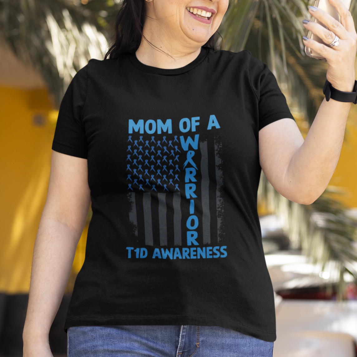Blue American Flag Mom Of A Warrior T1D Awareness T Shirt - Wonder Print Shop