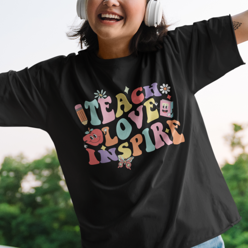 Teacher T Shirt Back To School Teach Love Inspire Retro Teachers Groovy - Wonder Print Shop