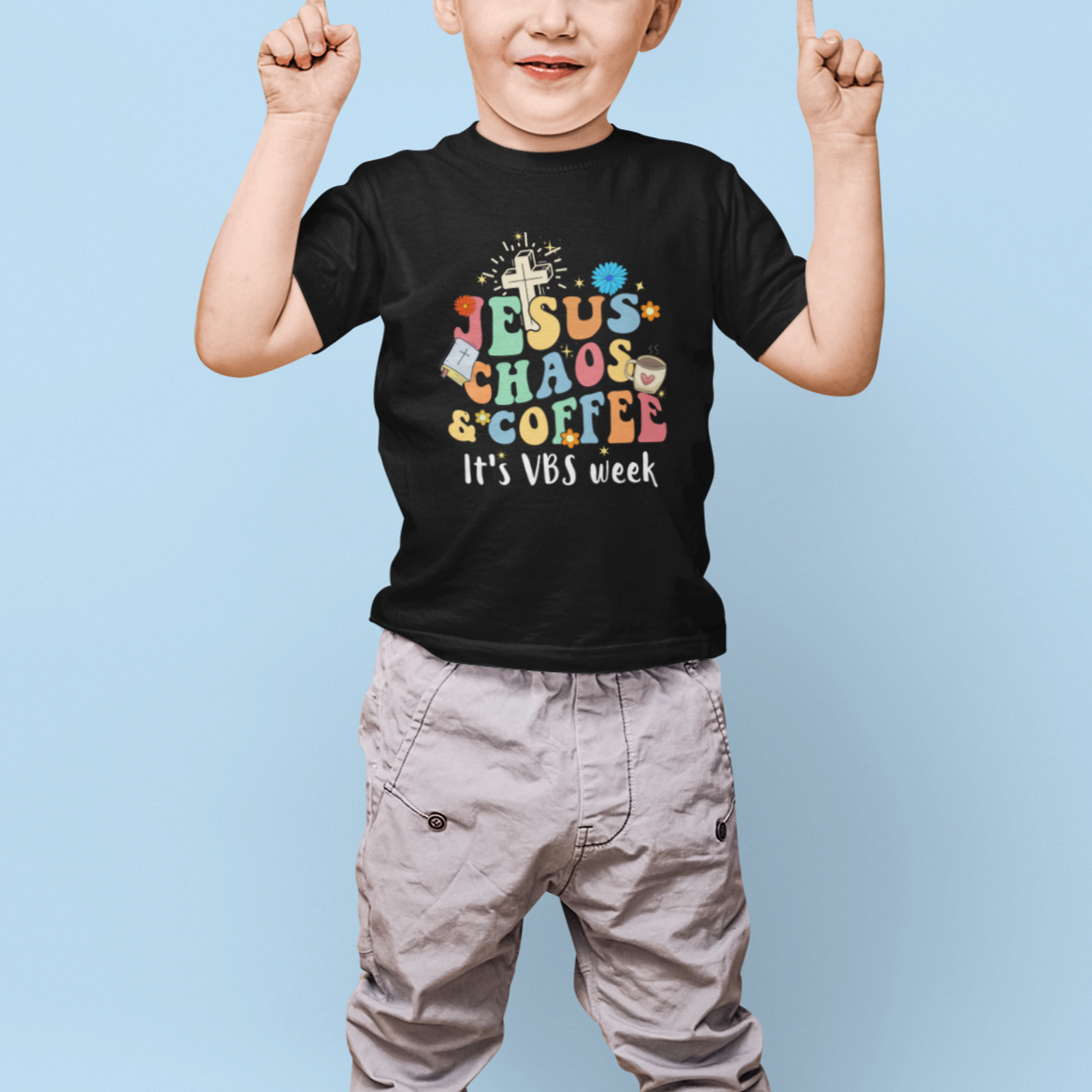 VBS Stellar T Shirt For Kid Jesus Chaos And Coffee It's VBS Week Bible Study Groovy - Wonder Print Shop