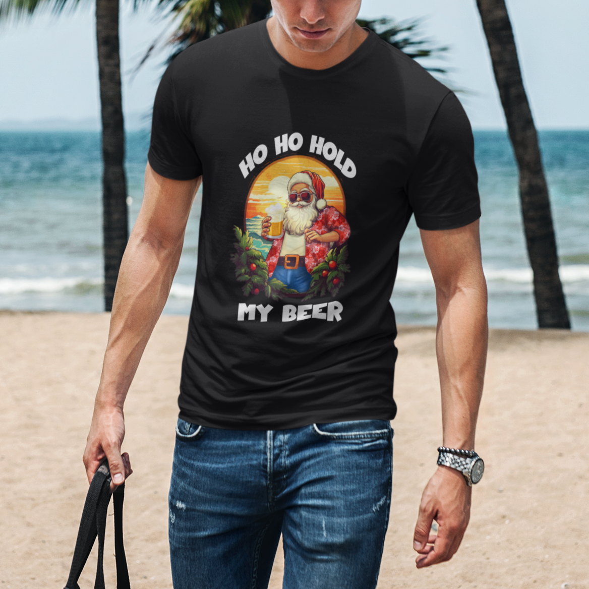 Christmas In Hawaii T Shirt Ho Ho Hold My Beer Cool Santa Sunglass - Wonder Print Shop