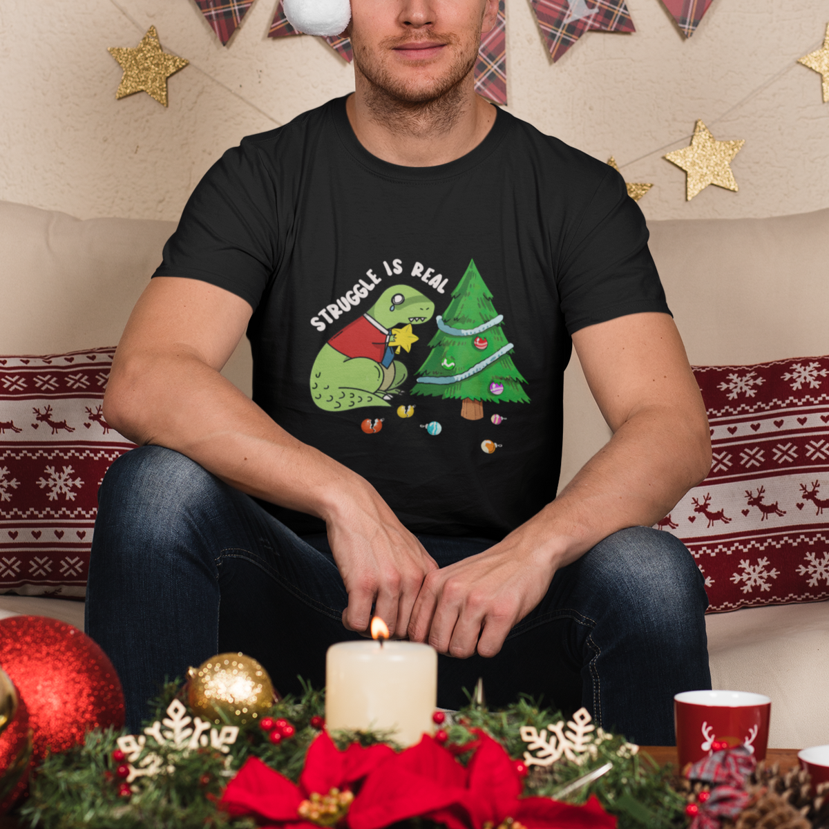 Christmas T Shirt Struggle Is Real T-Rex Christmas Tree Star - Wonder Print Shop
