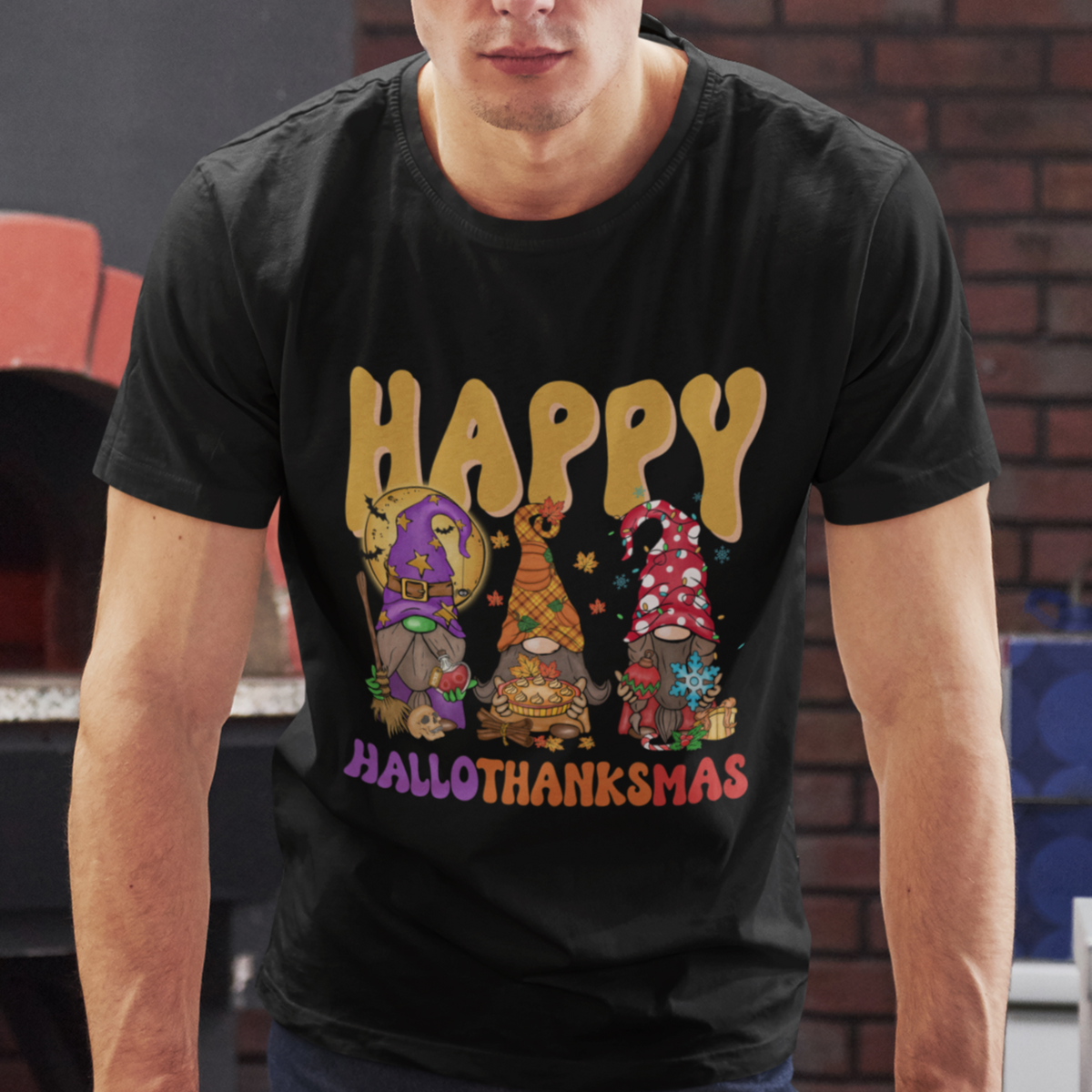 Hallothanksmas T Shirt Halloween Thanksgiving Christmas Happy HalloThanksMas Gnomes - Wonder Print Shop