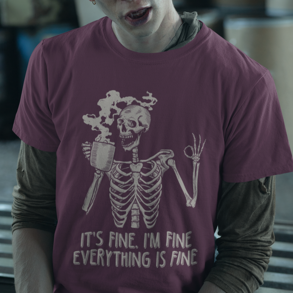 Funny Skeleton T Shirt It's Fine I'm Fine Everything's Fine Never Better Drinking Coffee - Wonder Print Shop