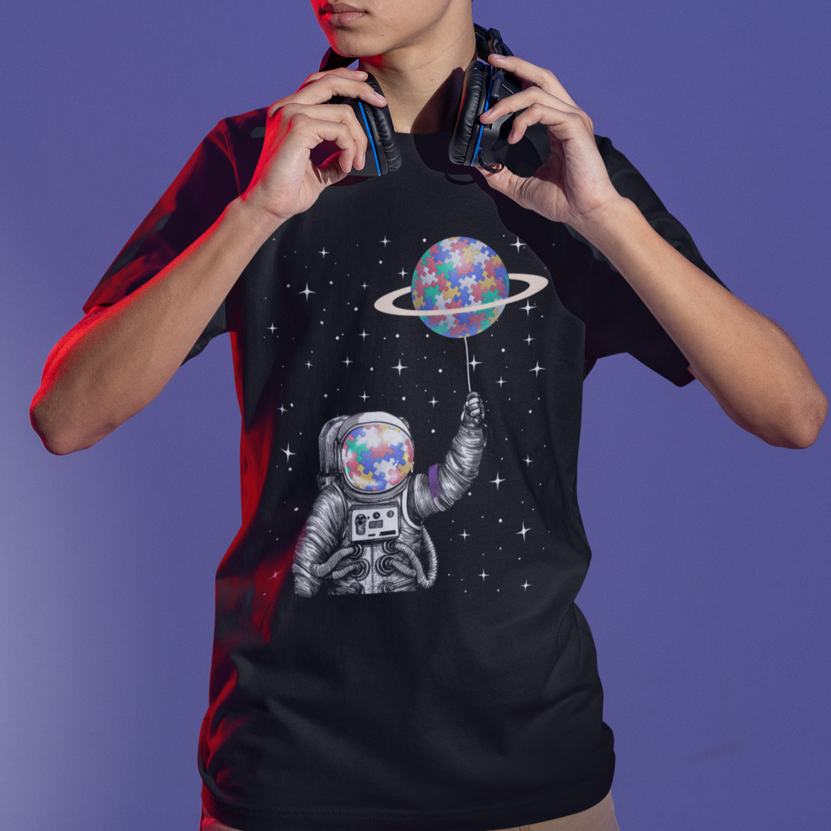 Autism Awareness T Shirt Astronaut Puzzle Balloon Autistic Outer Space - Wonder Print Shop