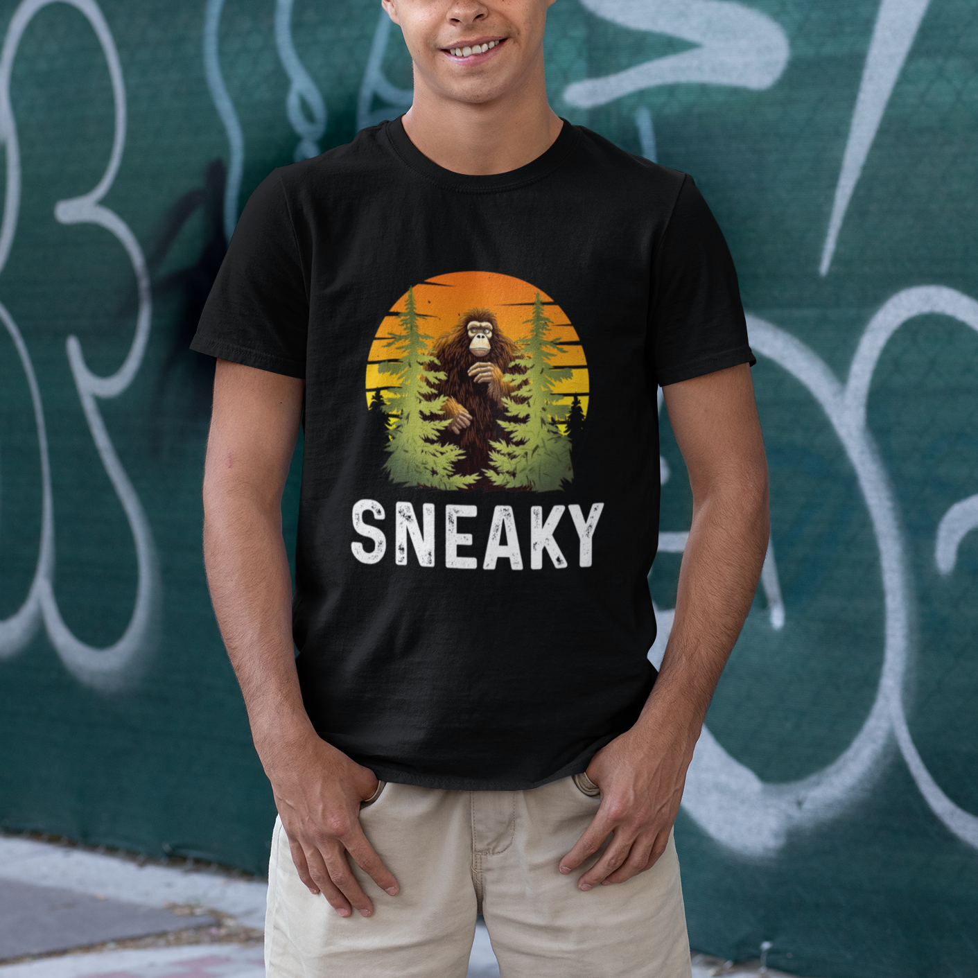 Bigfoot Sneaky T Shirt Funny Sasquatch Hiding Retro Forest - Wonder Print Shop