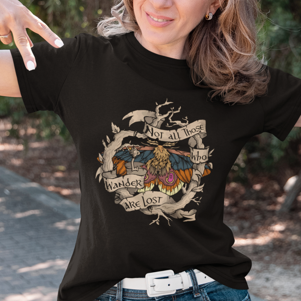Goblincore Polyphemus Moth Not All Those Who Wander Are Lost Inspirational Moth T-Shirt for Women, Spiritual Shirt, Moth Sprituality T Shirt For Women - Wonder Print Shop