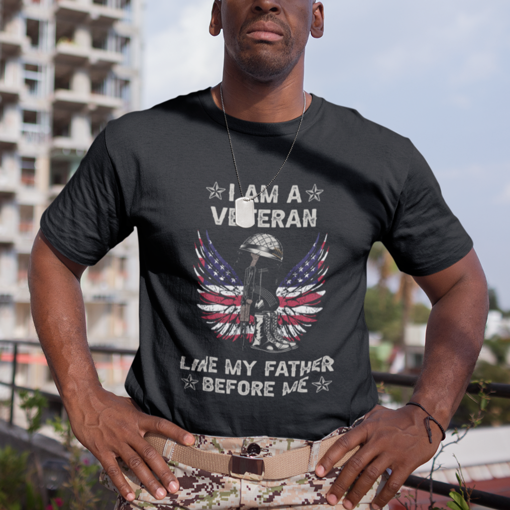 Veteran T Shirt I Am Like My Father Before Me American Angel Wings Comnbat Boots And Dog Tags - Wonder Print Shop