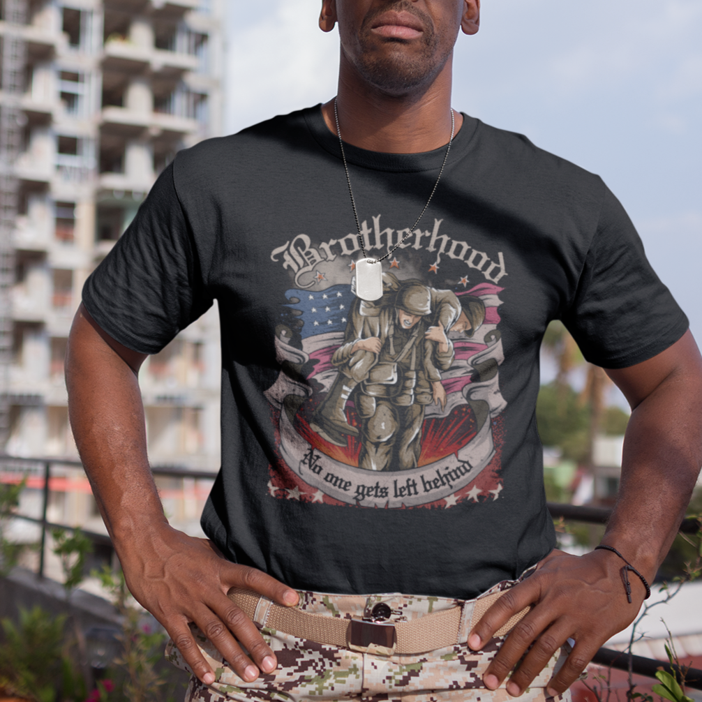 American Patriotic T Shirt Brotherhood No One Gets Left Behind US Flag Soldiers - Wonder Print Shop