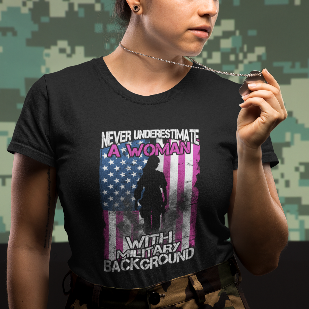 Female Veteran T Shirt Never Underestimate A Woman With Military Background American Flag - Wonder Print Shop