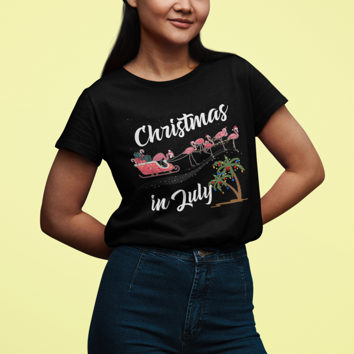 Christmas in July T Shirt Christmas in July Pink Flamingo Funny Xmas Matching - Wonder Print Shop