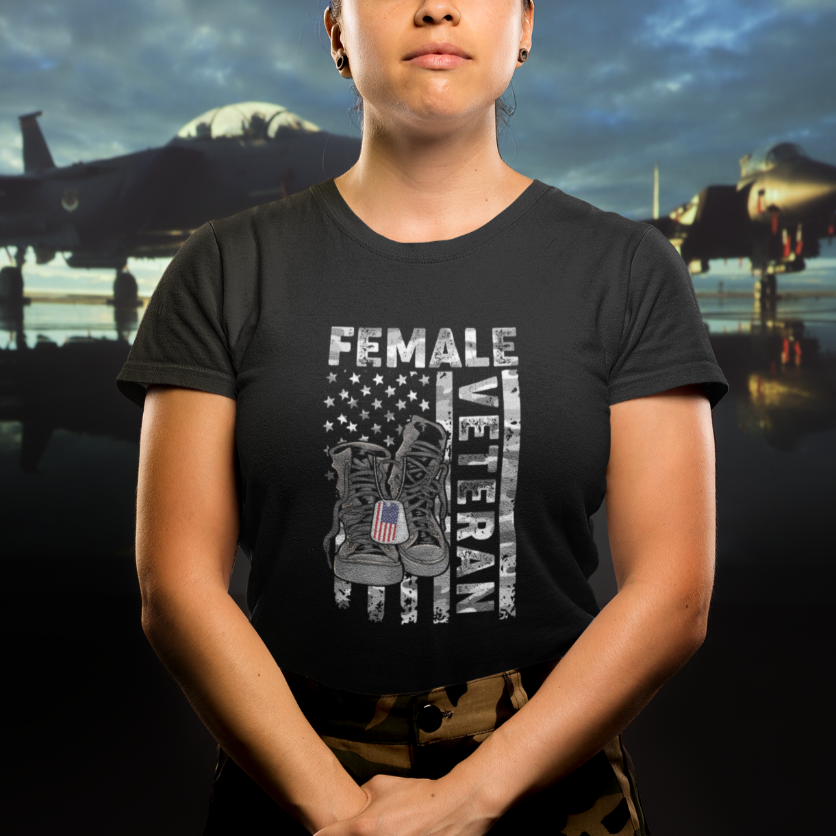 Patriotic Female Veteran Woman Vet Dog Tags Camo American Flag T-shirt for Women Veterans, DD214 Shirt, US Military Shirt T Shirt TS02