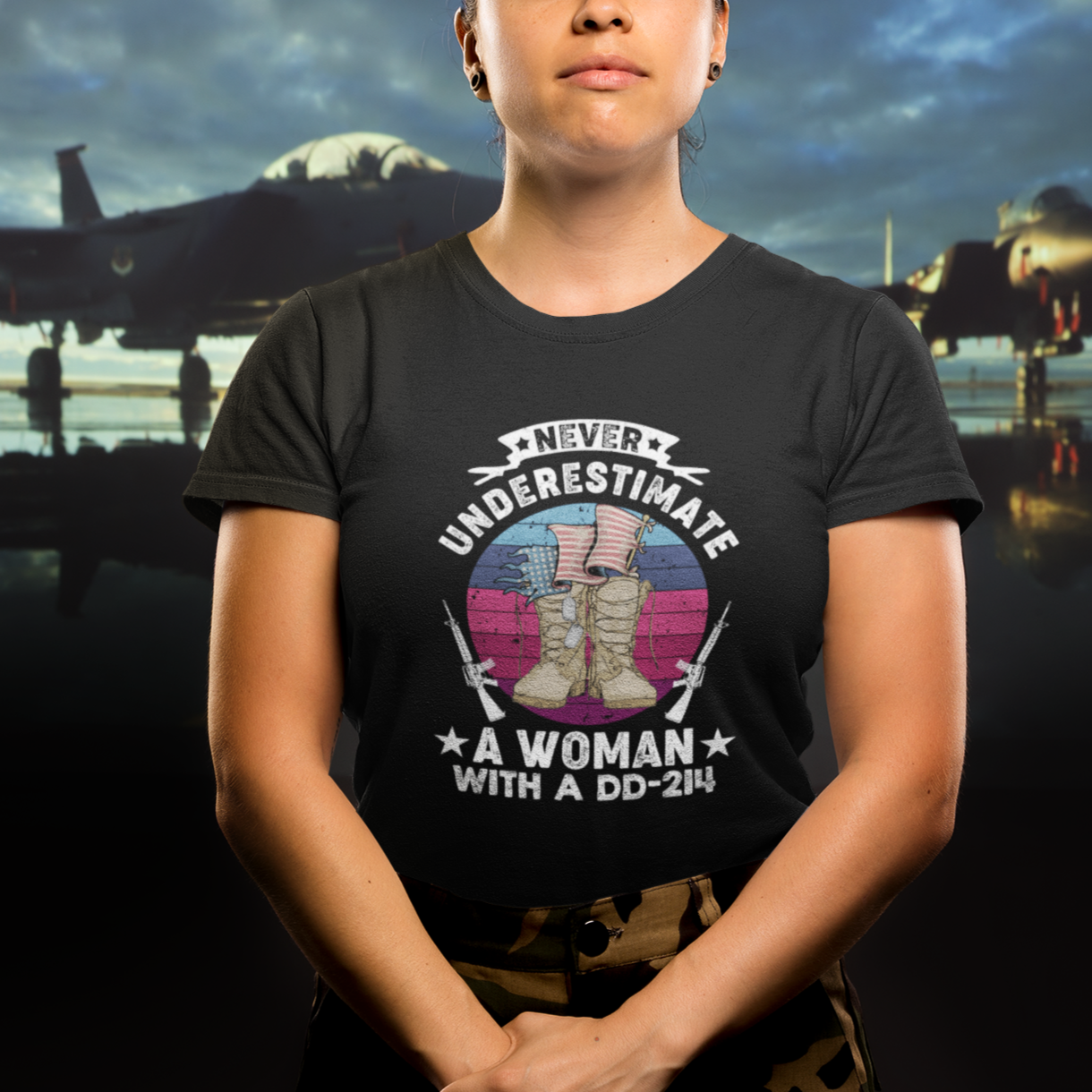 Patriotic Never Underestimate A Woman With DD214 T-Shirt for Female Veteran, Women Veterans Shirt, DD214 Shirt, US Military Shirt T Shirt TS02
