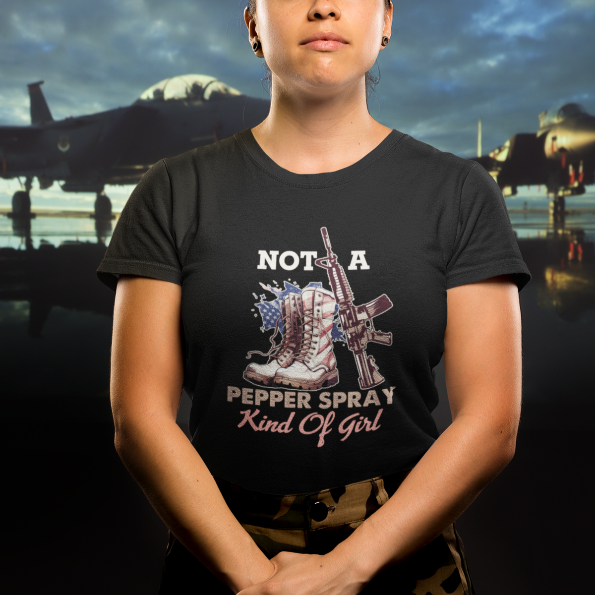 Female Veteran T Shirt Not A Pepper Spray Kind Of Girl American Flag Combat Boots - Wonder Print Shop