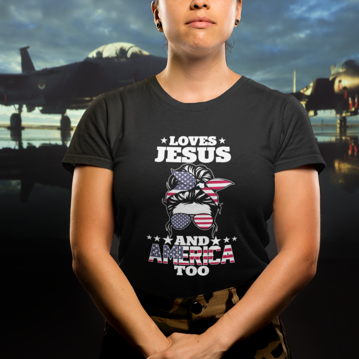Loves Jesus and America Too Christian 4th of July Messy Bun T Shirt - Wonder Print Shop