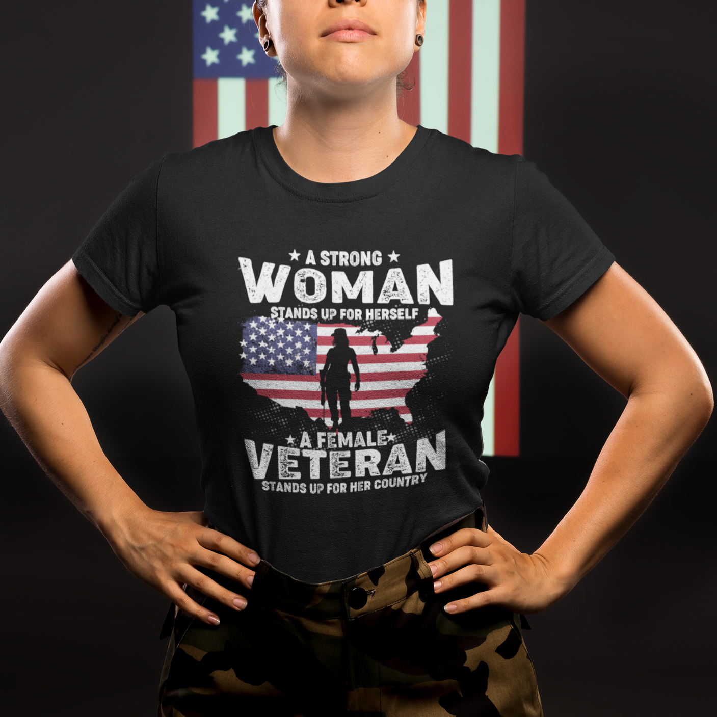A Female Veteran Stands For Her Country Patriotic American Flag T-Shirt, Woman Veteran Shirt, Patriotic Shirt, US Military Shirt T Shirt TS02