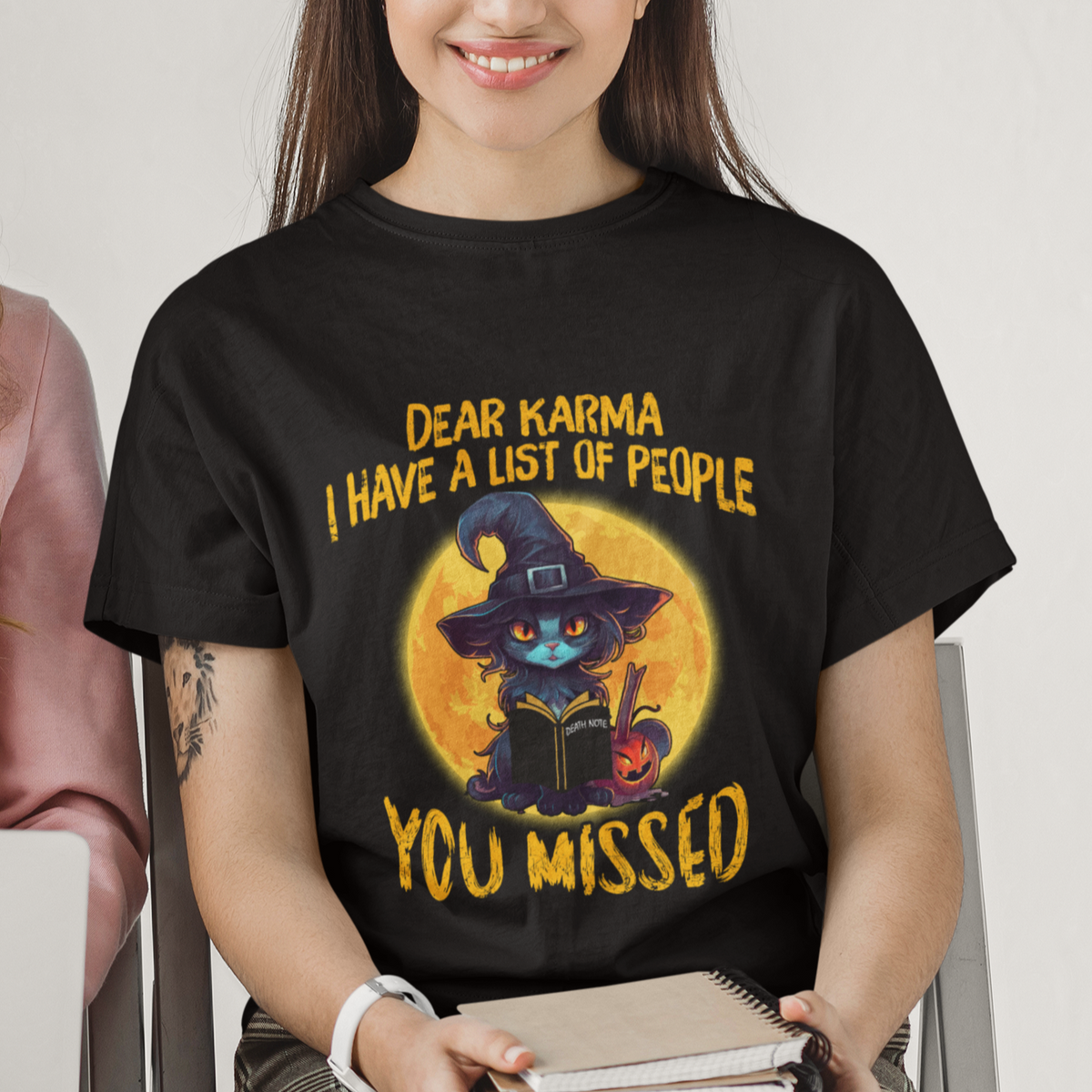 Funny Cat Karma T Shirt For Women Dear Karma I Have List Of People You Missed Black Cat Witch - Wonder Print Shop