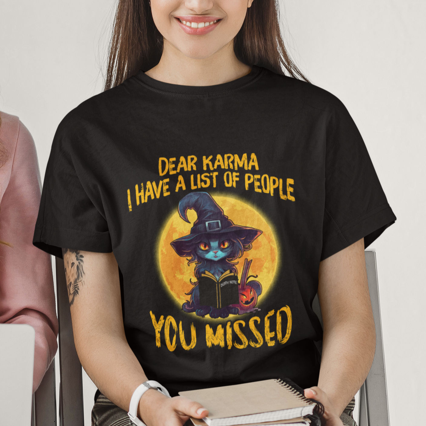 Funny Cat Karma T Shirt For Women Dear Karma I Have List Of People You Missed Black Cat Witch - Wonder Print Shop