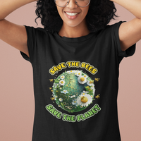 Black Earth Day T-shirt on model with circular Save the Bees Save the Planet graphic