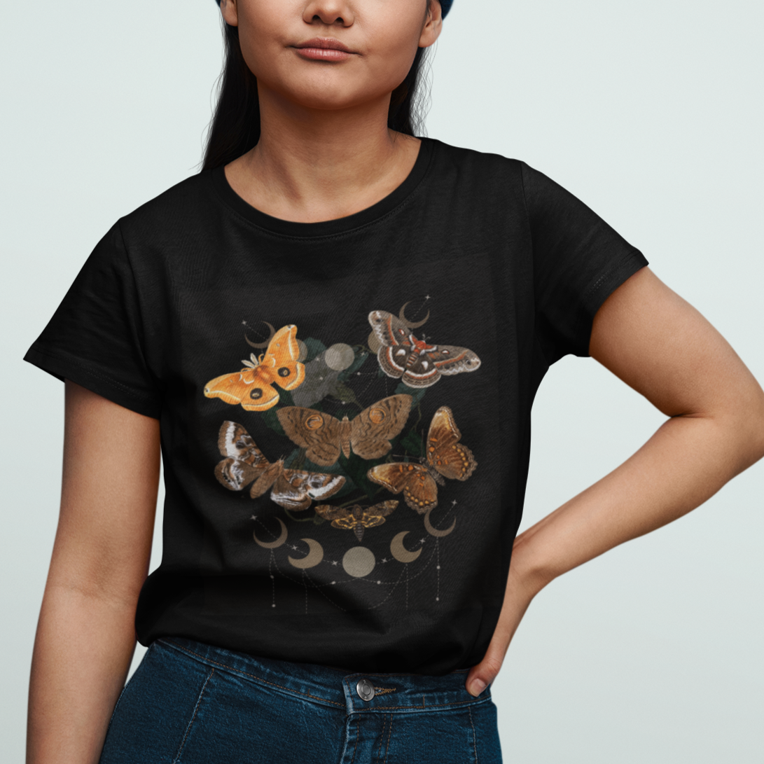 Goblincore Cottagecore Dark Academia Moth Species Mystic Moon Phases Celestial Moth Insect T Shirt For Women - Wonder Print Shop