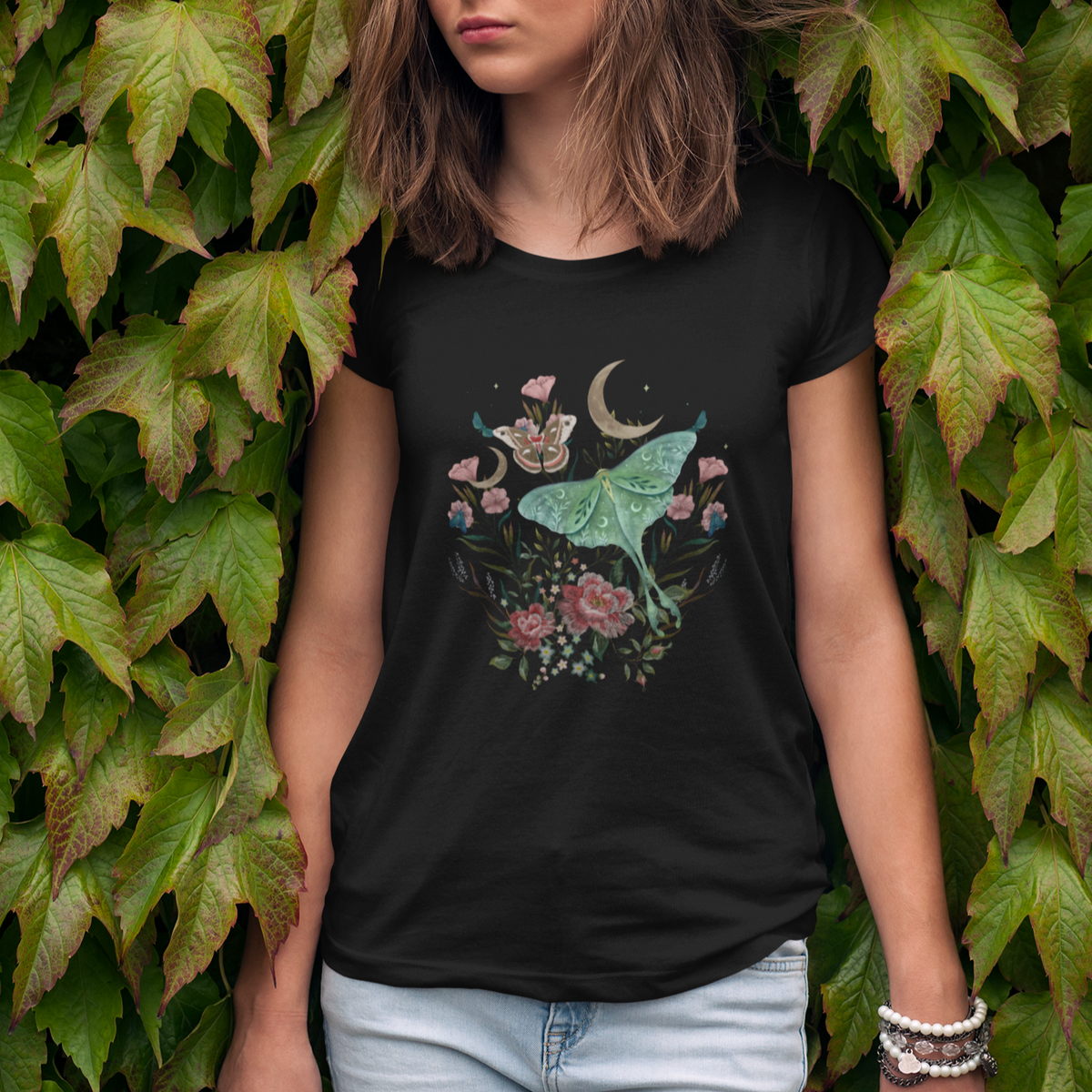 Cottagecore Dark Academia Luna Moth Floral Cecropia Moth T Shirt For Women - Wonder Print Shop