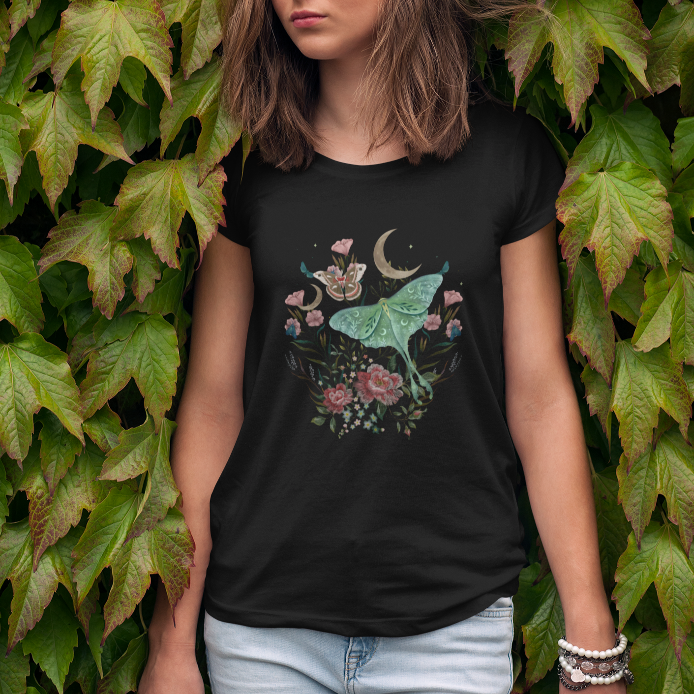 Cottagecore Dark Academia Luna Moth Floral Cecropia Moth T Shirt For Women - Wonder Print Shop