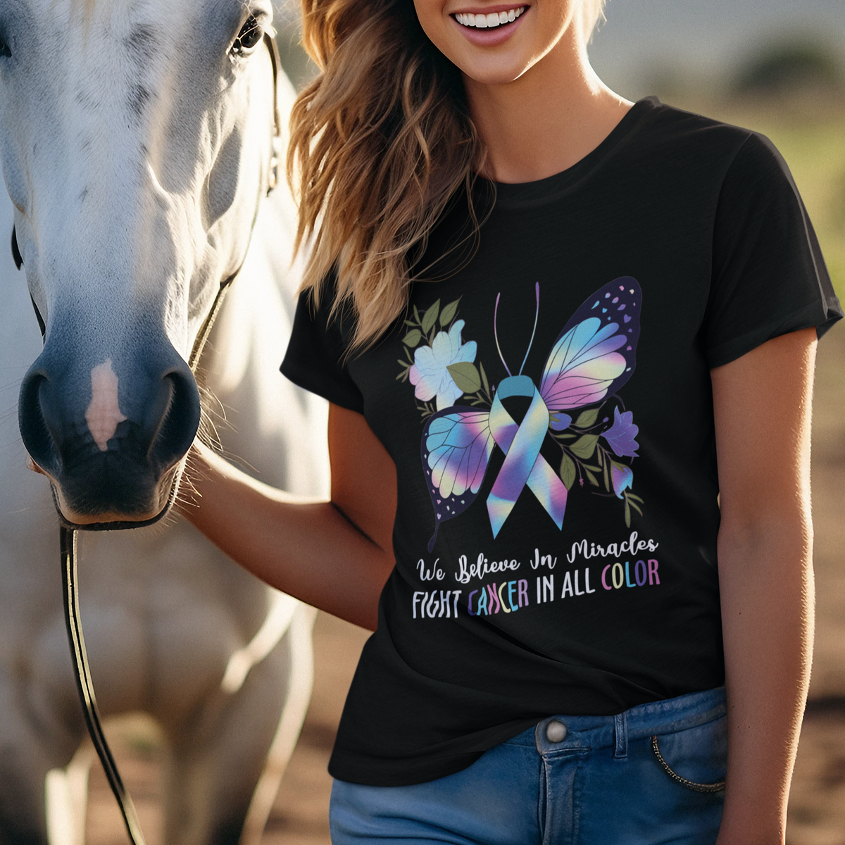 We Believe In Miracles Fight Cancer In All Color Butterfly Flower T Shirt - Wonder Print Shop