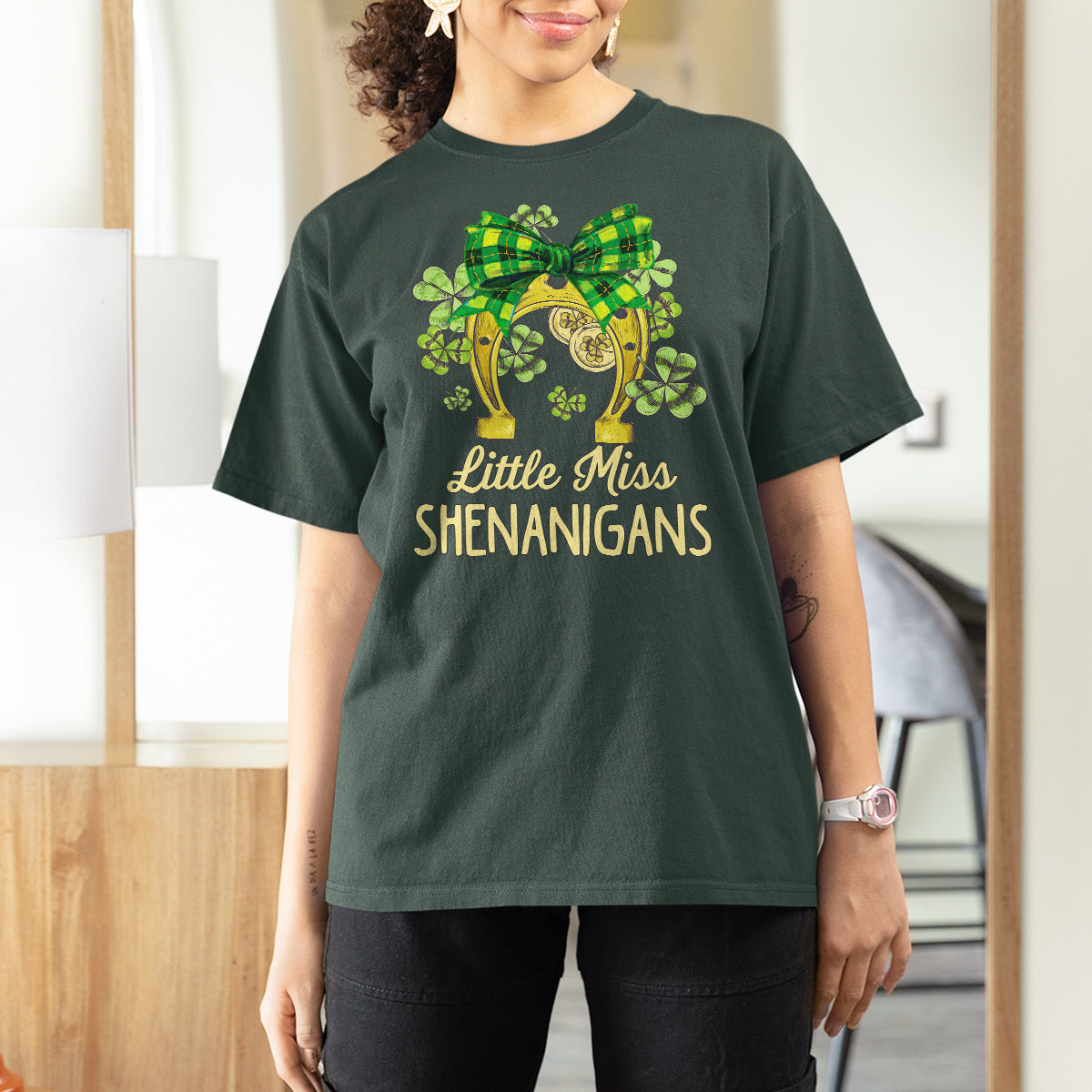 St. Patrick's Day T Shirt For Women Little Miss Shenanigans Coquette Shamrocks - Wonder Print Shop