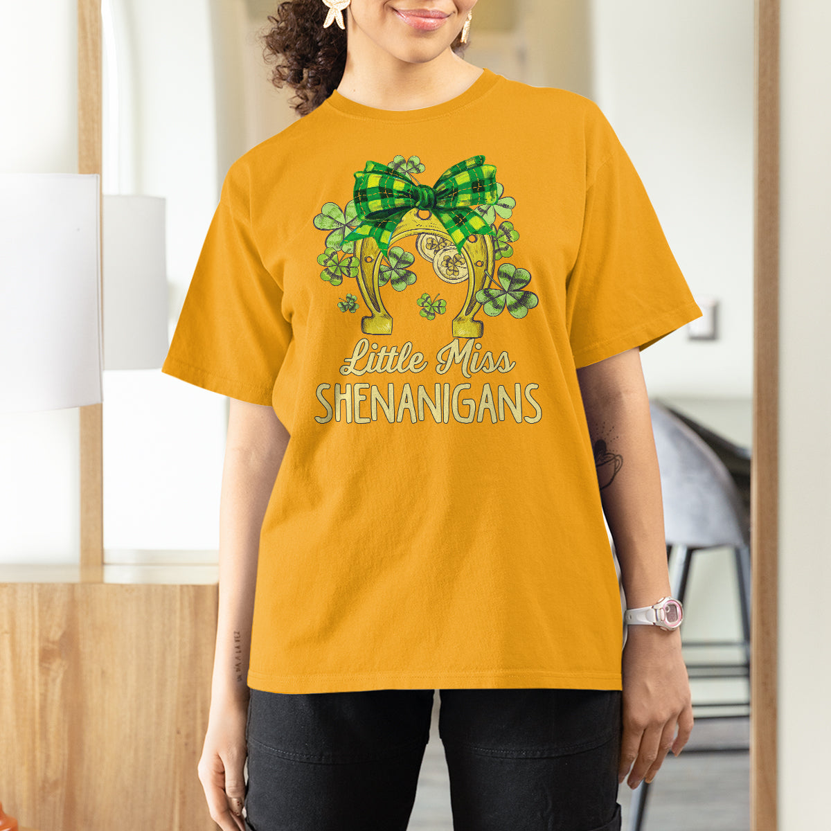 St. Patrick's Day T Shirt For Women Little Miss Shenanigans Coquette Shamrocks - Wonder Print Shop