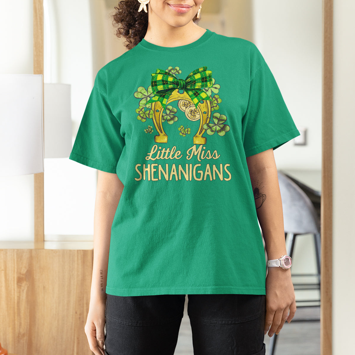 St. Patrick's Day T Shirt For Women Little Miss Shenanigans Coquette Shamrocks - Wonder Print Shop